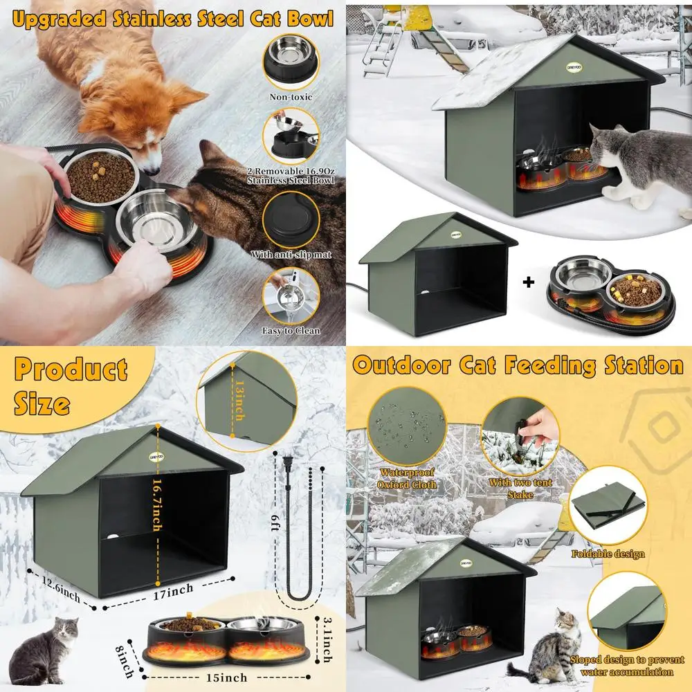 

Станция для кормления кошек на открытом воздухе с подогревом и устойчивой к атмосферным воздействиям обеденной зоной для еды и воды для ферловных кошек (черный)