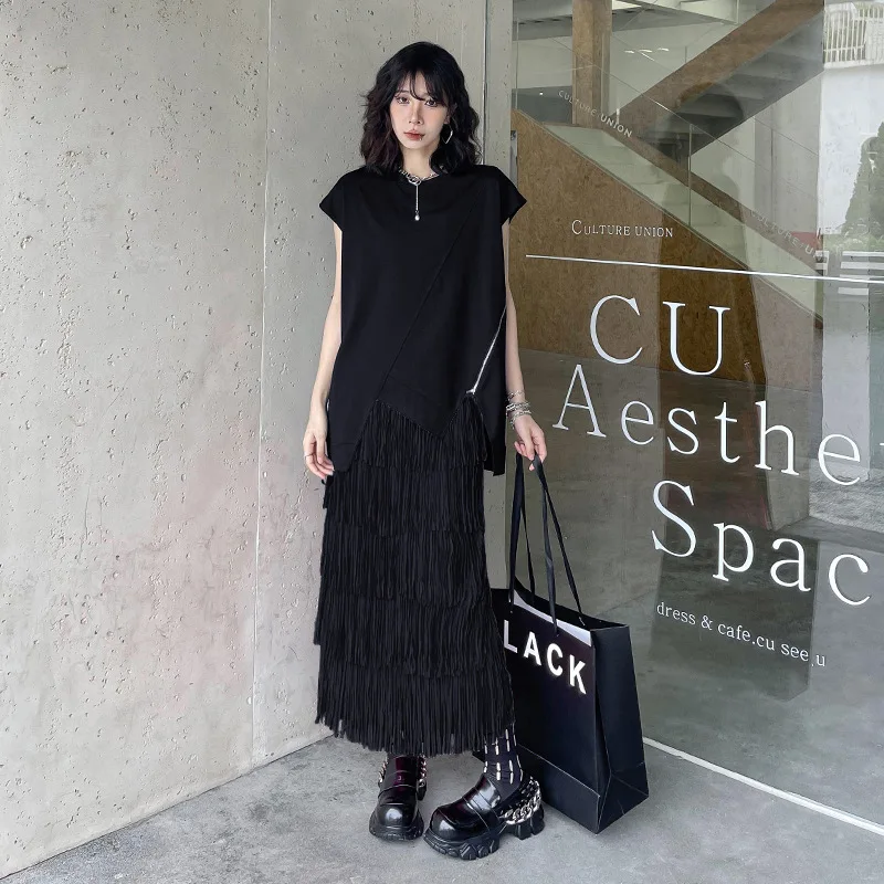 التنانير النسائية الصلبة هامش شرابة المجهزة تنورة H خط الكاحل طول مرونة الخصر نحيل سليم صالح أنيقة عادية 2025 ربيع الخريف