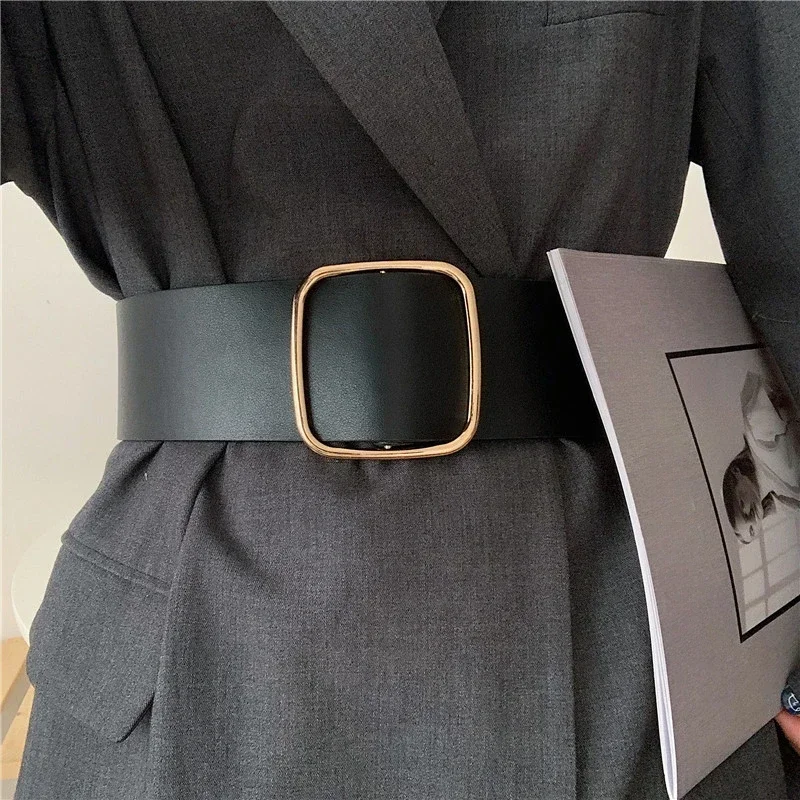 

Luxury Women's Black Wide Belt Square Buckle Nonporous PU Leather Belts for Woman Decorative Coat Dress Simple Waistband Corset