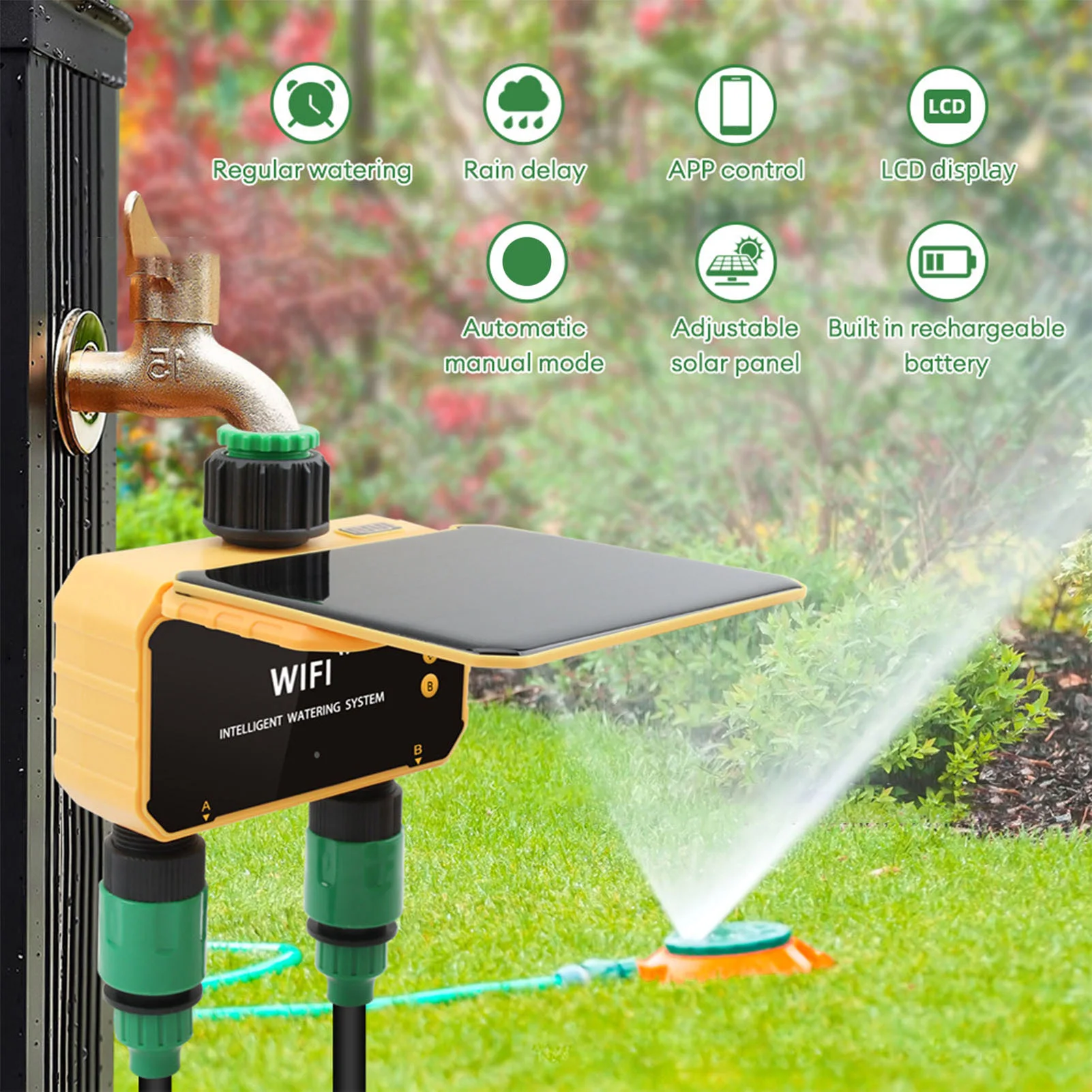 

Solar WiFi Smart Irrigation Timer Rain Sensing Function APP Control 2 Outlets Automatic Watering Timer Sprinkler for Garden Yard
