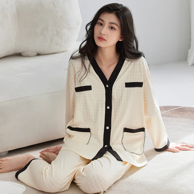 Womens Jacquard Weave Pajamas Set V Collar Pyjamas Long Sleeves Suit Cotton Female Sleepwear Autumn Homewear Home Services