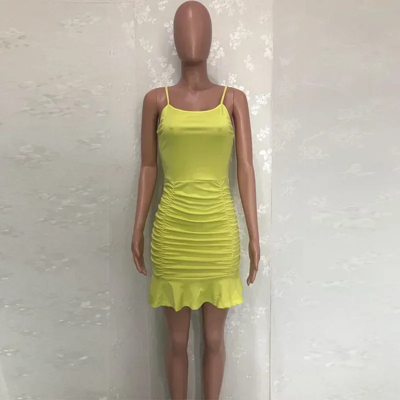 Guwu cinta de espaguete ruched babados hem sereia bandagem mini bodycon vestido feminino verão sexy vestidos de festa