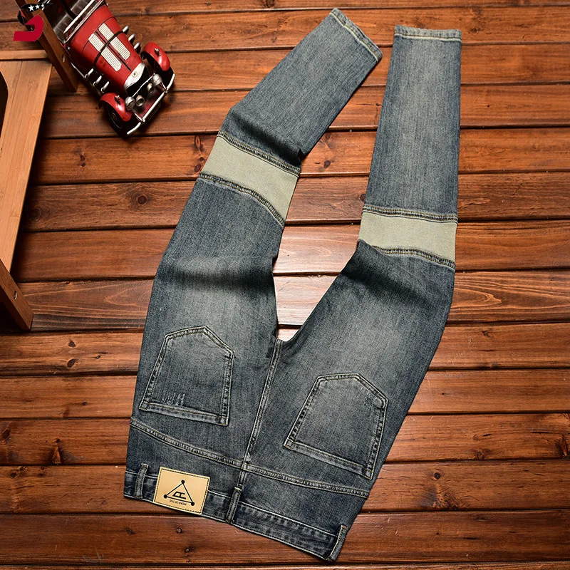 Jeans alla moda di fascia alta Cuciture patchwork da uomo Pantaloni lunghi di marca alla moda elasticizzati e aderenti alla caviglia