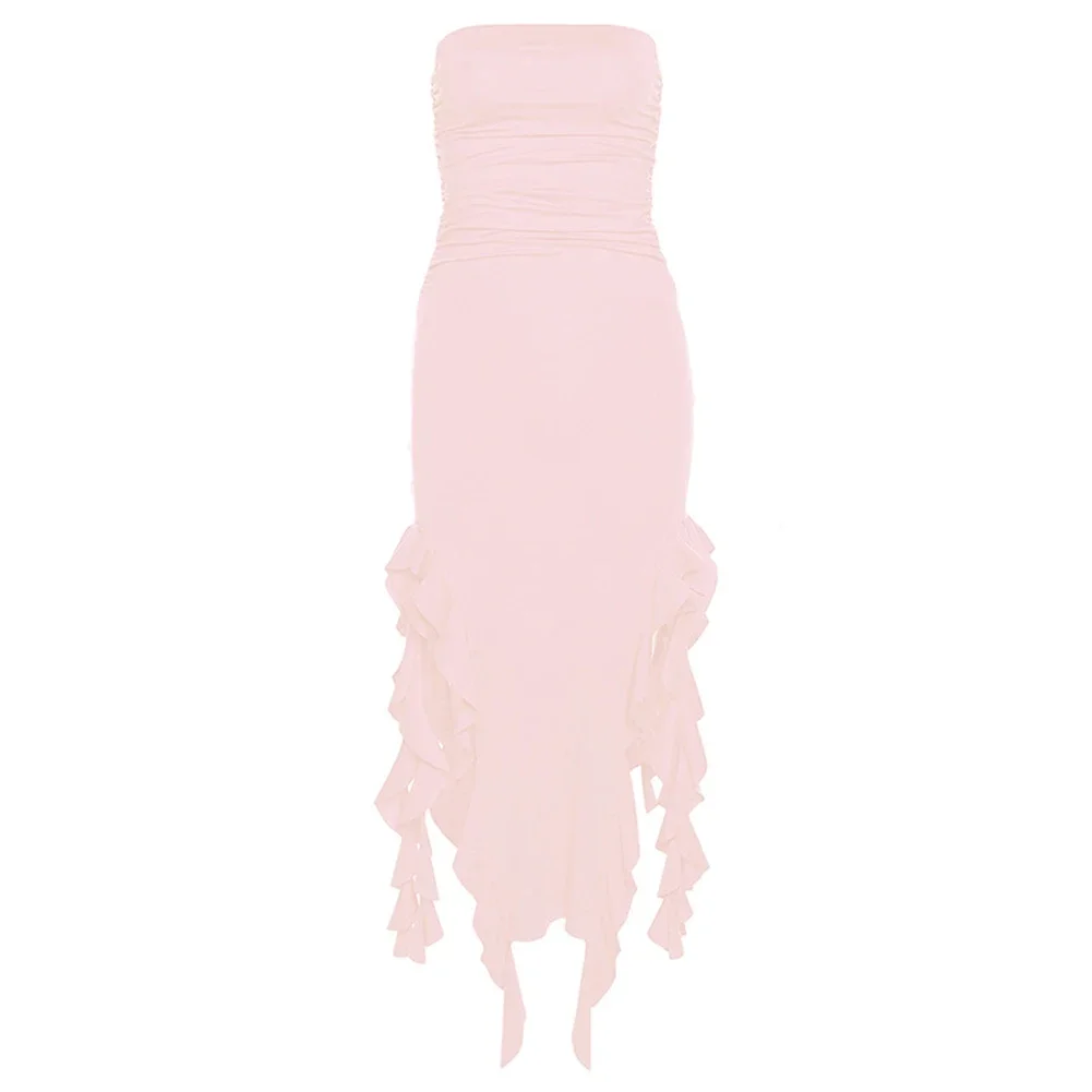 デイリードレス女性服真新しいエレガントなフリルセクシーなストラップレスビーチホリデードレス女性のためのビーチビーチパーティー