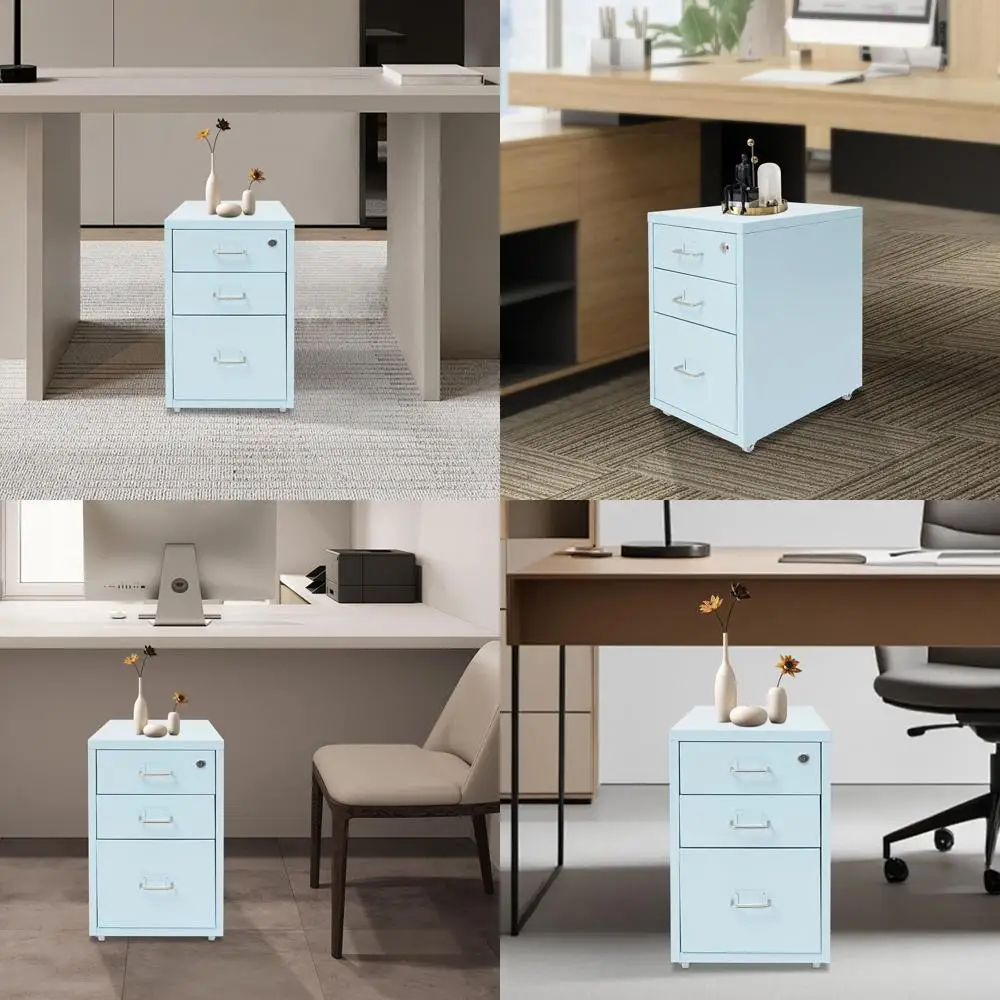 

Blue 3-Drawer Vertical File Cabinet with Lock, Wheel, and Under Desk Storage for Home Office (Legal/Letter/A4)