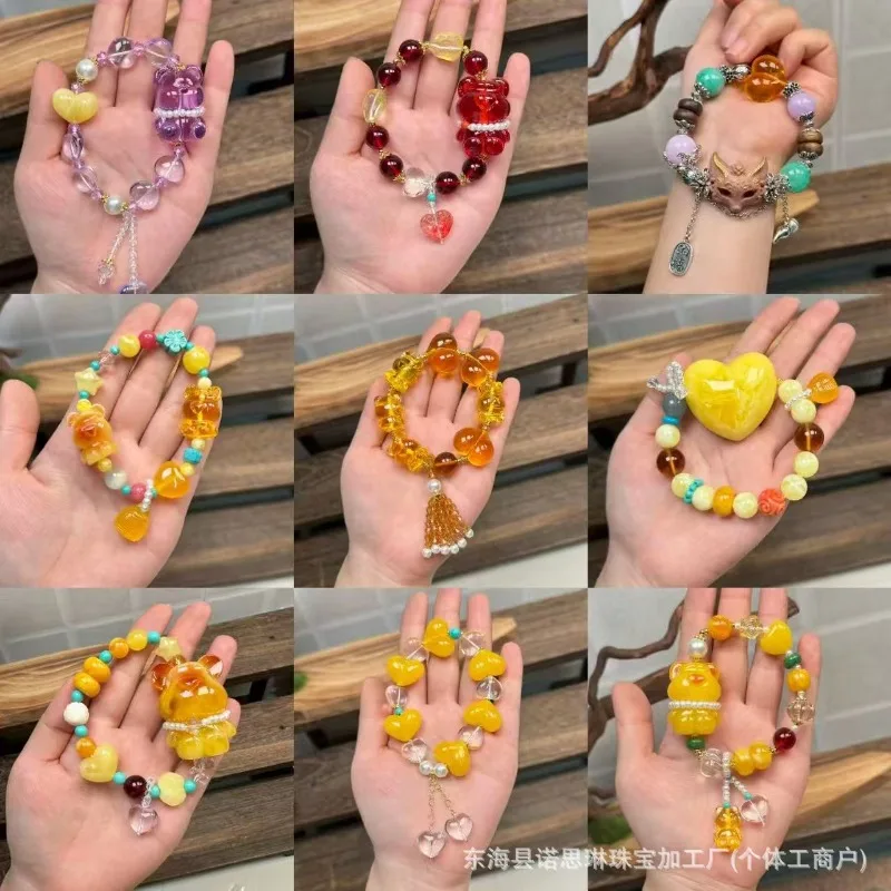 

Персонализированный браслет с дизайном янтарного медведя, цвет допамина, свежий стиль, аксессуар «сделай сам», цепочка из бисера, креативный подарок