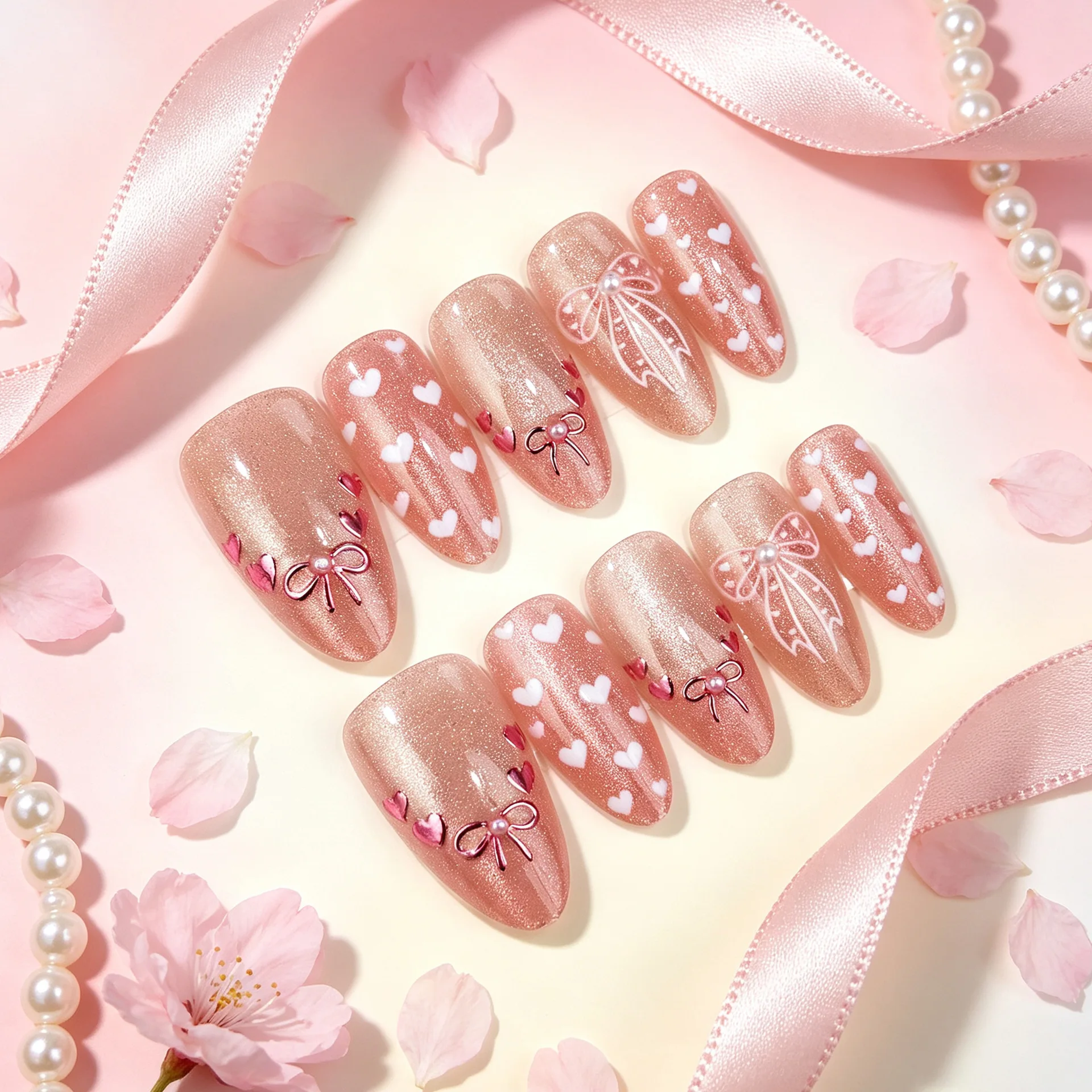 30pcs Pink Gradient French Tip Press on Nails White Heart Print 3D Pink Bow With Pearl Fake Nail Medium Almond False Nail