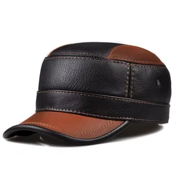 2023 Winter Genuine Leather Cap Men's Flat Caps Army Military Hat Elegant Man Baseball Cap British Vintage Cowhide Ear Warm Hat