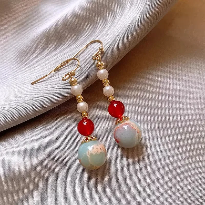 

High Quality Shoushan Stone And Red Agate Natural Freshwater Pearl 14k Gold Filled Female Tassels Stud Earrings Gifts