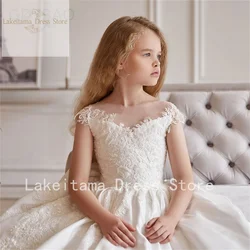 Flower Girl Dresses White Ivory Satin First Communion Gown with Beads Toddler Birthday Party Dress