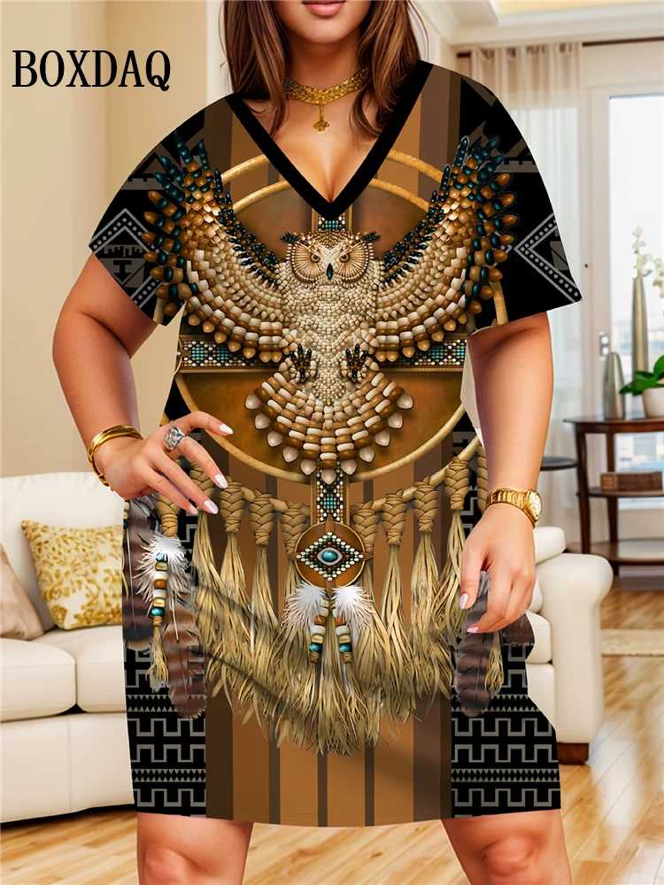 Women's Casual Fashion Loose Plus Size Dress V Neck Women Vintage Short Sleeve Flower Print Midi Dress Summer Clothing Big Sizes