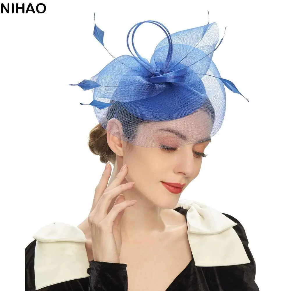 

Vintage Feathers Mesh Fascinator Hat Elegant Sweet Veil Hat Headwear Exquisite Hair Hoop Headdress Dance Show