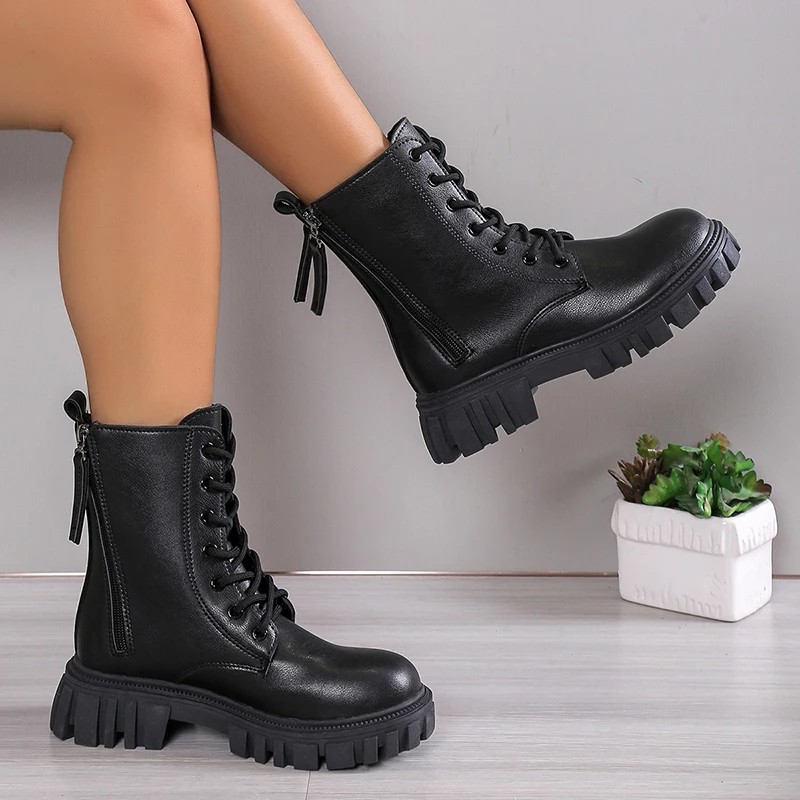 2024 Black New Women Ankle Boots Autumn Winter Platform Lace Up Ladies Punk Boots Thick Sole Zipper Combat Booties Female