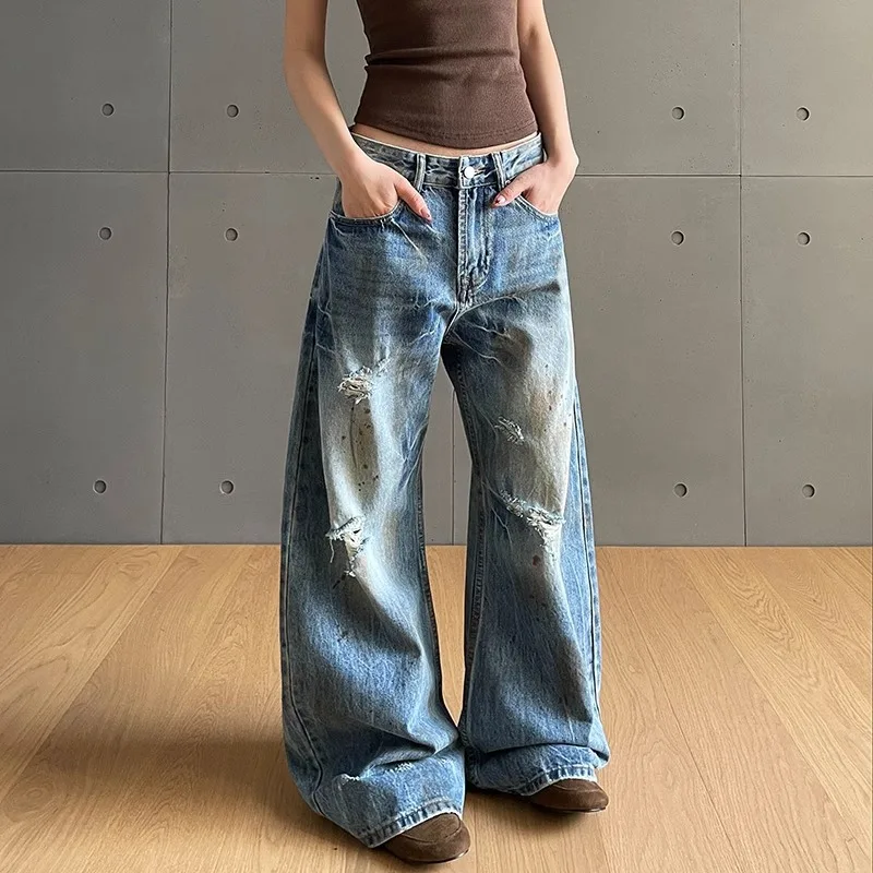 Washed Dirty Old Design Jeans Women's High-end Feeling Thin Ripped All-match Long Pants