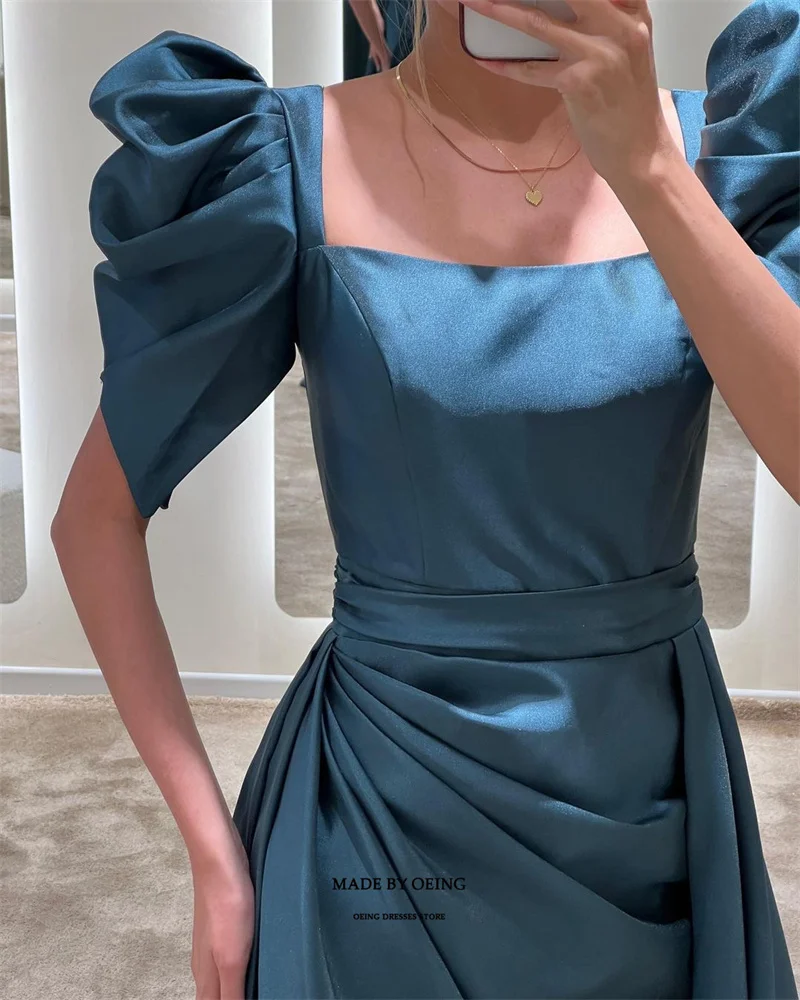 OEING Navy Blue Square Collar Prom Dresses Tiered Pleatd Evening Dress Side Split Floor Length Formal Occasion Vestidos De Noche