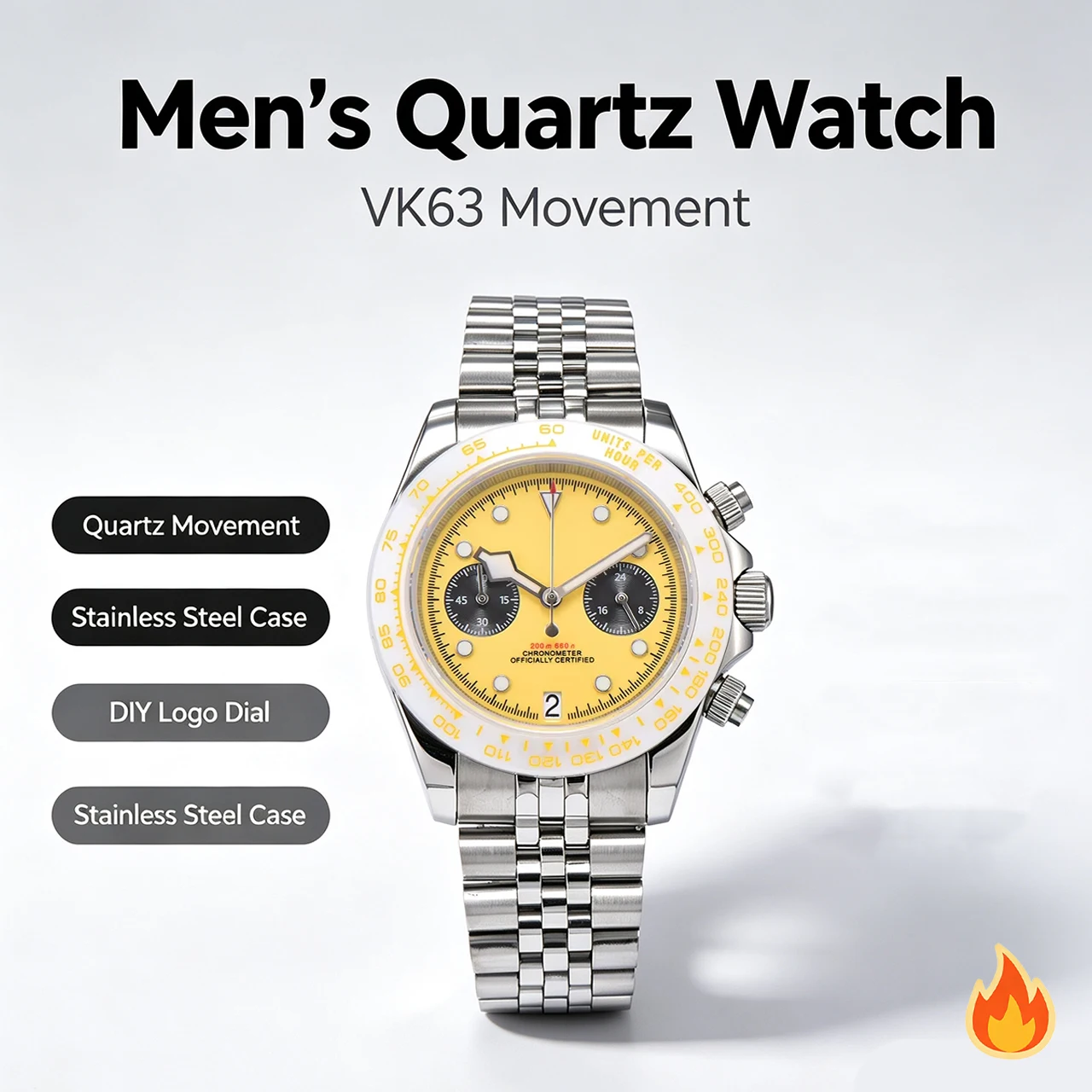 VK63 Men's Automatic Quartz Watch, Fashion Bezel with Diamonds, Sapphire Glass, Stainless Steel Water Resistant Sport Watch