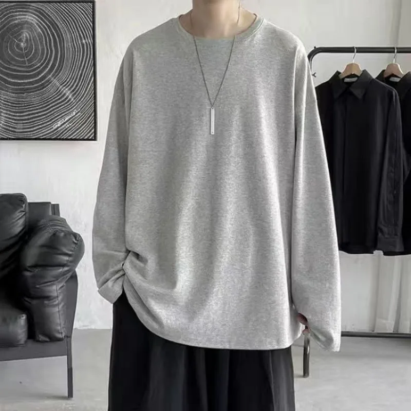 قميص رجالي بلون سادة للربيع والخريف بأكمام طويلة تي شيرت ياباني