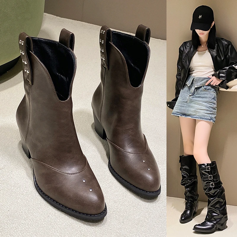 

Women's Removable Boot Shaft Riding Shoes New Autumn Pointed Toe Chunky Heel Women's Knee High Retro Women's Knight Boots