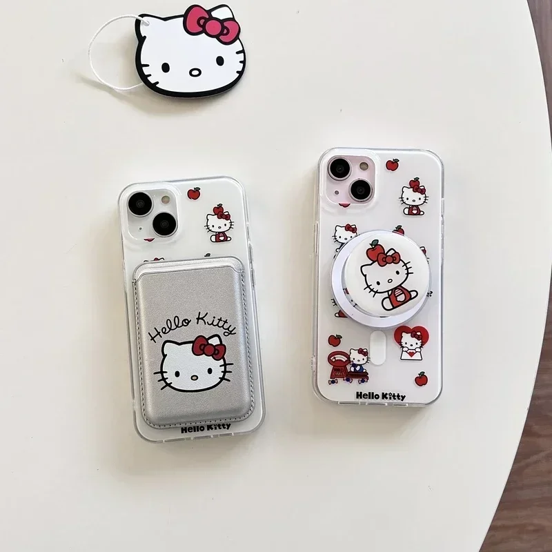 Cute Sanrio Hello Kitty Magnetic Wallet Bracket Magsafe Wireless Charge Phone Case For iPhone 15 14 13 12 11 Pro Max Hard Cover