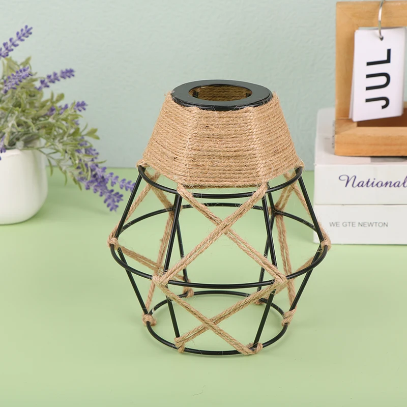 1PCS Mini Metal Cage Light Shades With Woven Hemp Rope - Vintage Farmhouse Pendant Lampshades For Home And Commercial Spaces