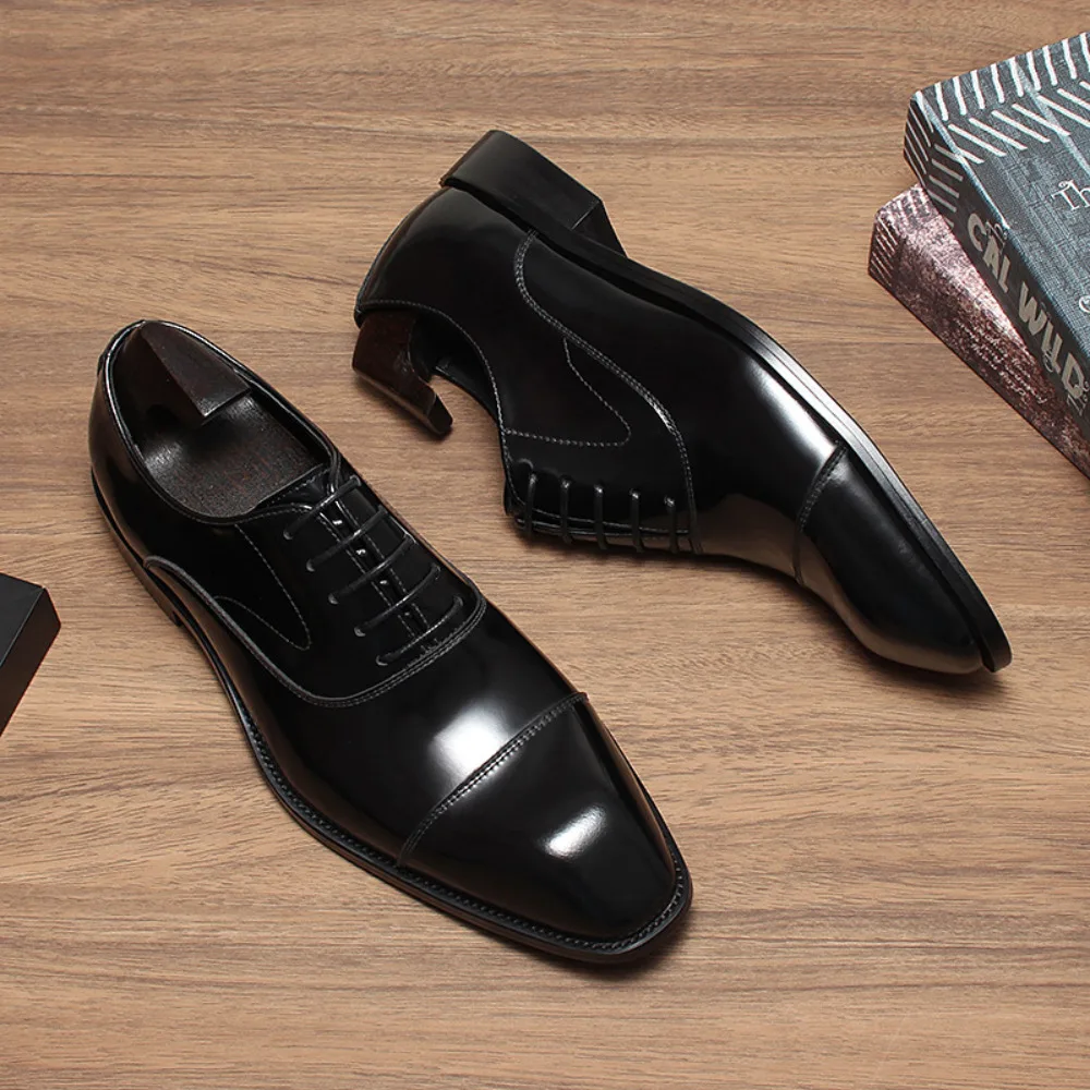 Handcrafted Burnished Genuine Cow Leather Glossy Formal Business Dress Shoes British Style Men Wedding Groom Shoes