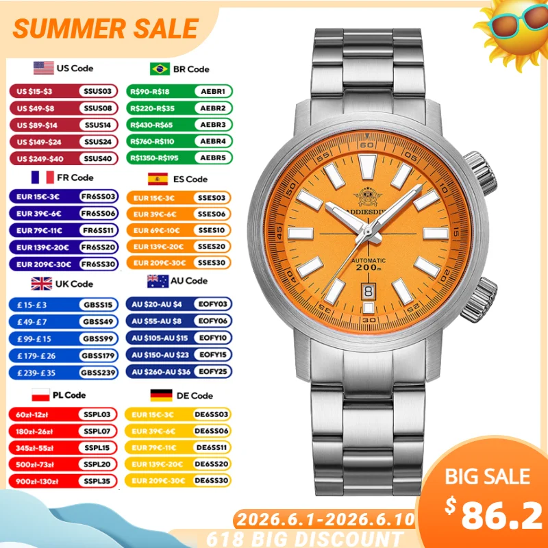 

ADDIESDIVE Men's Automatic Mechanical Watch Sapphire Glass 200m Diving Wristwatch Stainless Steel Super Luminous Watches Male