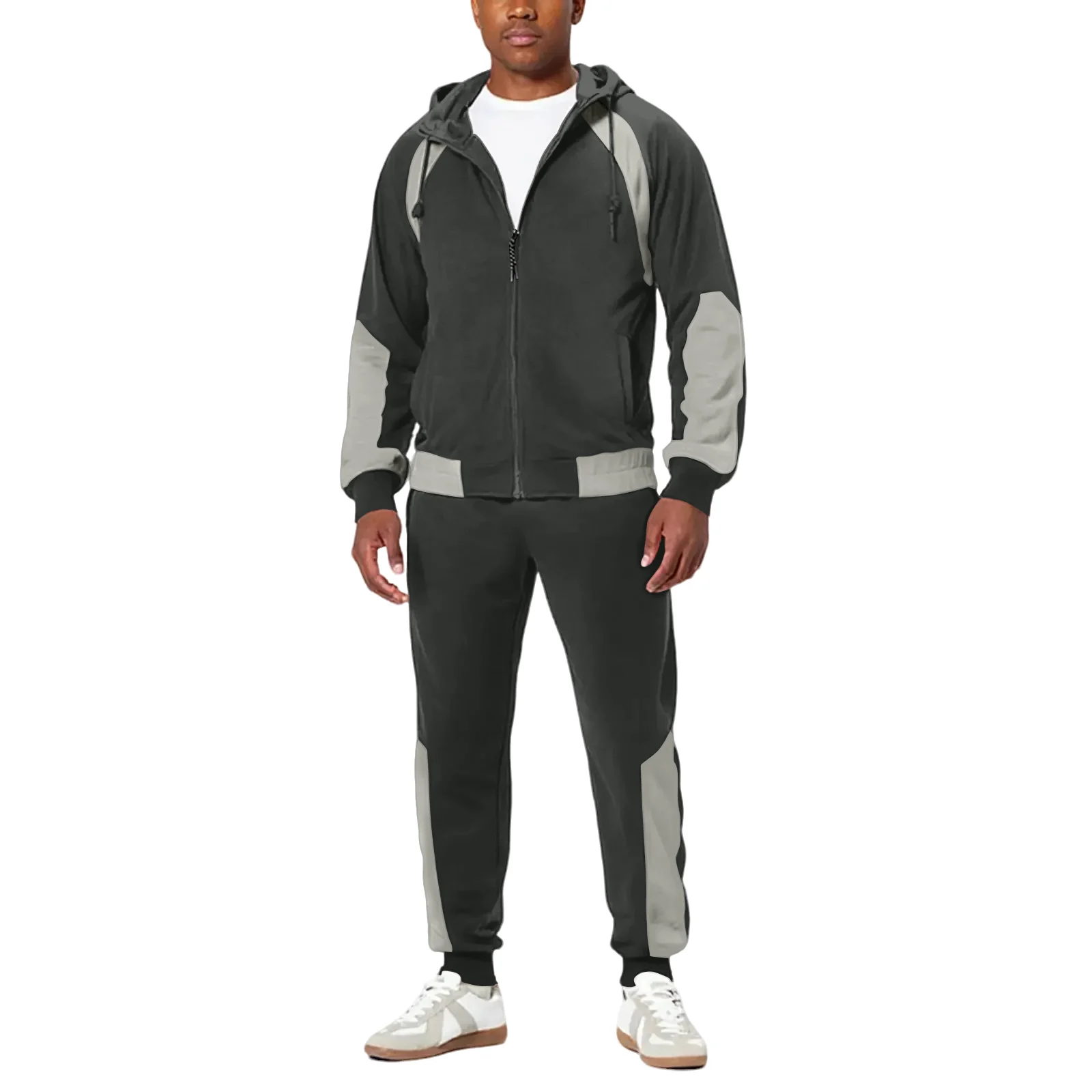 

Autumn And Winter Casual Sports Men'S Zipper Cardigan Sweater Suit Spliced Contrasting Color Hooded Loose Two-Piece Set