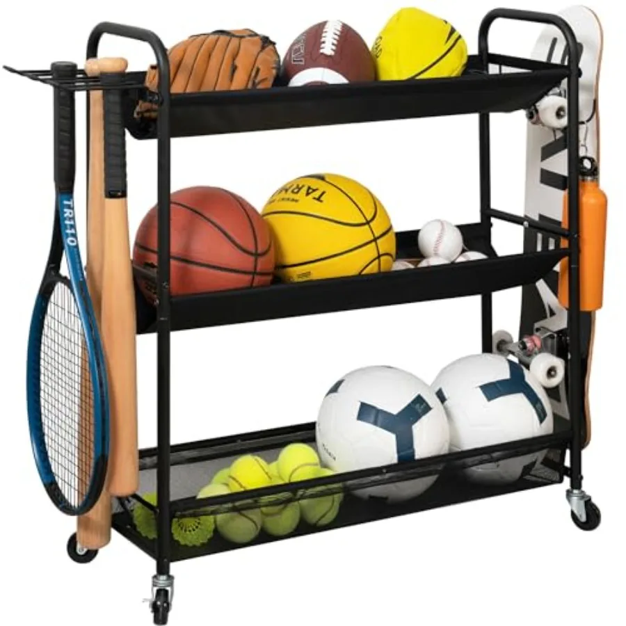 

Basketball Rack 3-Shelf Training Stand Ball Holder Sports Ball Cart Garage Organizer Ball Basket Storage, Ball Rack for Garage
