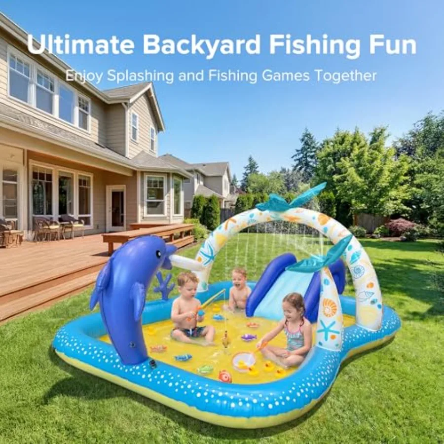 Kiddie Pool with Slide Inflatable Play Center for outdoor water play, PVC material, blue-white color, extra-large 95''x75''x40'
