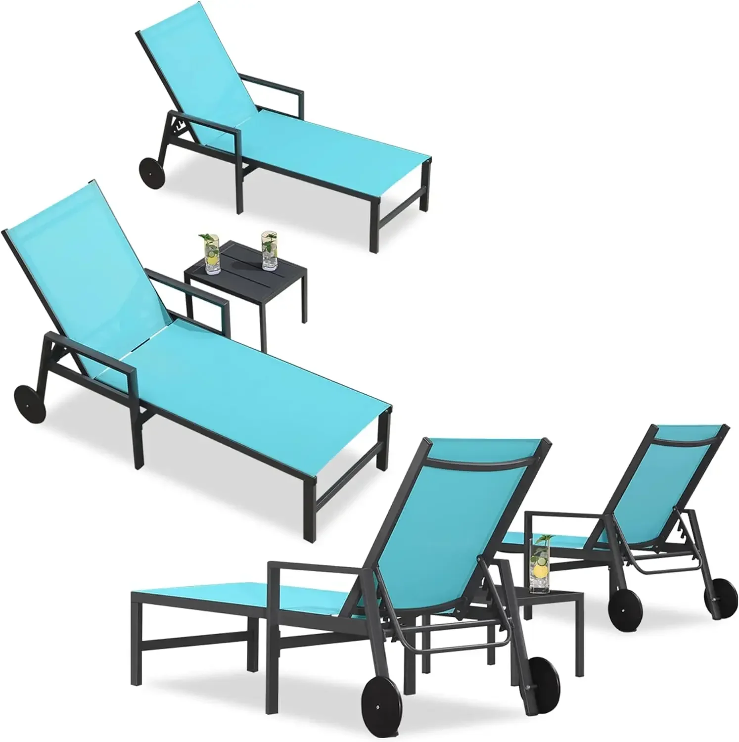 Outdoor Lounge Chairs, 2 Aluminum Terraces with Wheels and Armrests, Outdoor Lounge Chairs