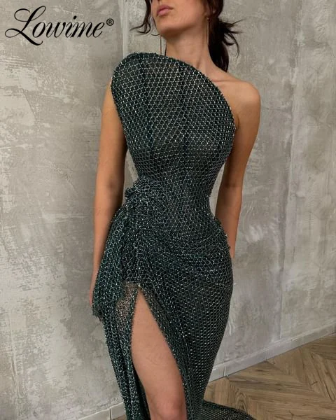 Green Long Prom Dresses Strapless High Split Side Mermaid Party Gowns Heavy Beads Arabic Evening Dress Engagement Evening Wear