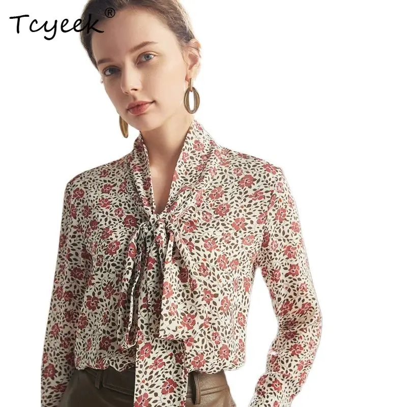 Tcyeek, 6A Elegancka koszula z prawdziwego jedwabiu, damska bluzka z długim rękawem, sznurowana, kwiatowa, francuska bluzka do pracy, lato jesień 2024 T47969QC