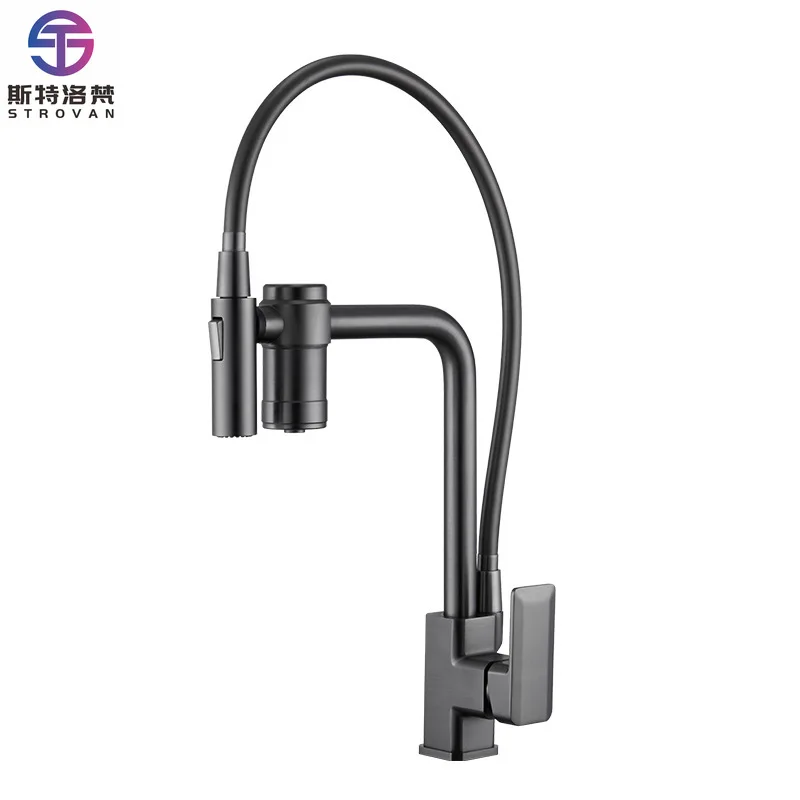 

All Copper Kitchen Faucet Pull Out Spray Double Water Outlets Purifier Straight Drinking Cold Hot Water