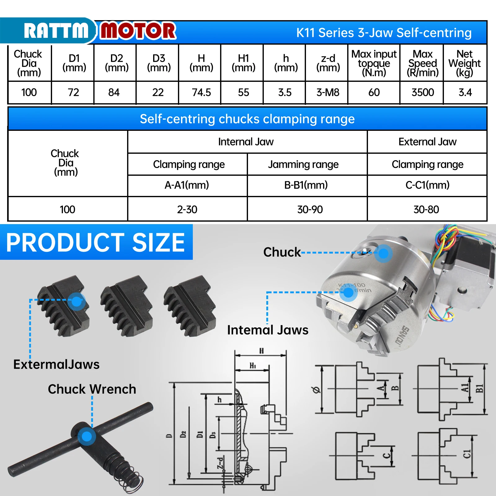 RU ship k11-100mm 3 jaw chuck 100mm 4th Axis+Tailstock CNC dividing head/Rotation Axis kit for CNC router woodworking engraving