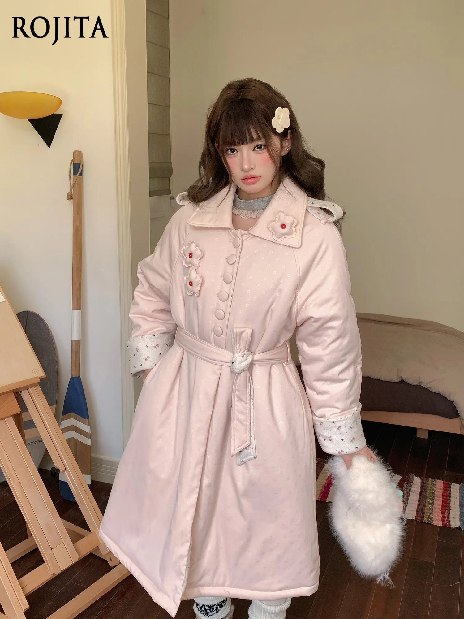 Winter New Sweet Floral Pink Cotton Coat Female Sweet Lolita Long Quilted Coat Women Trench Coat with Waist Belt