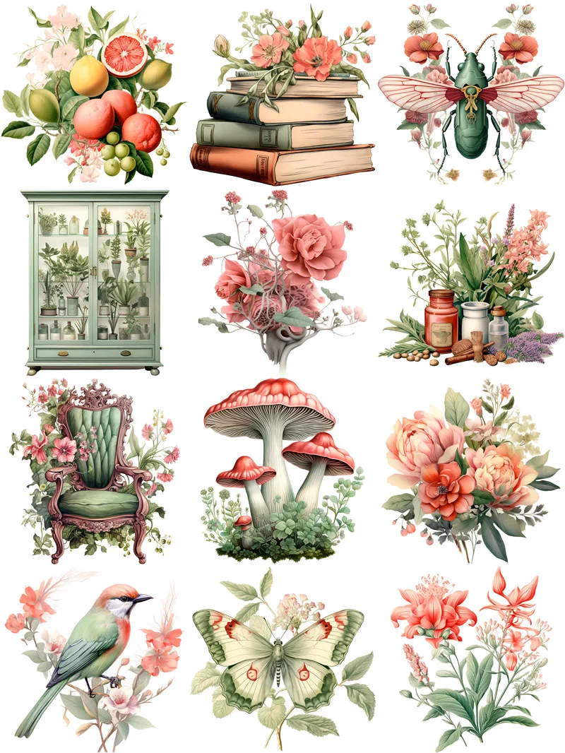 Retro Plantas e Animais Adesivos Decorativos, Artesanato DIY, Scrapbooking Álbum, Lixo Diário, 12pcs por pacote