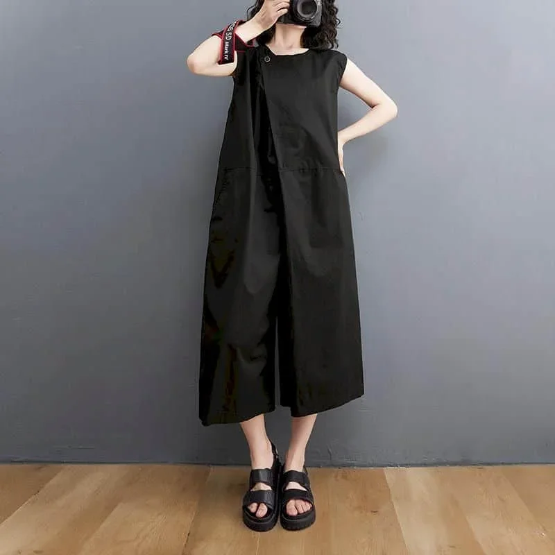 

Pop Large Size Jumpsuits Women Summer New Sleeveless Korean Casual Loose Splice High Waist Capris Wide Leg Bodysuit LOOSE Basics