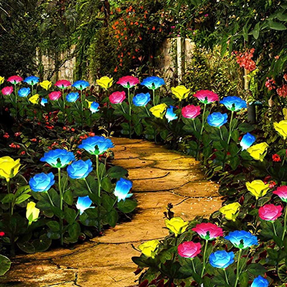 Solar Rose Flower Light Outdoor Waterproof Garden Pathway Yard Lawn Landscape Lamp LED Artificial Flower Light Home Decoration