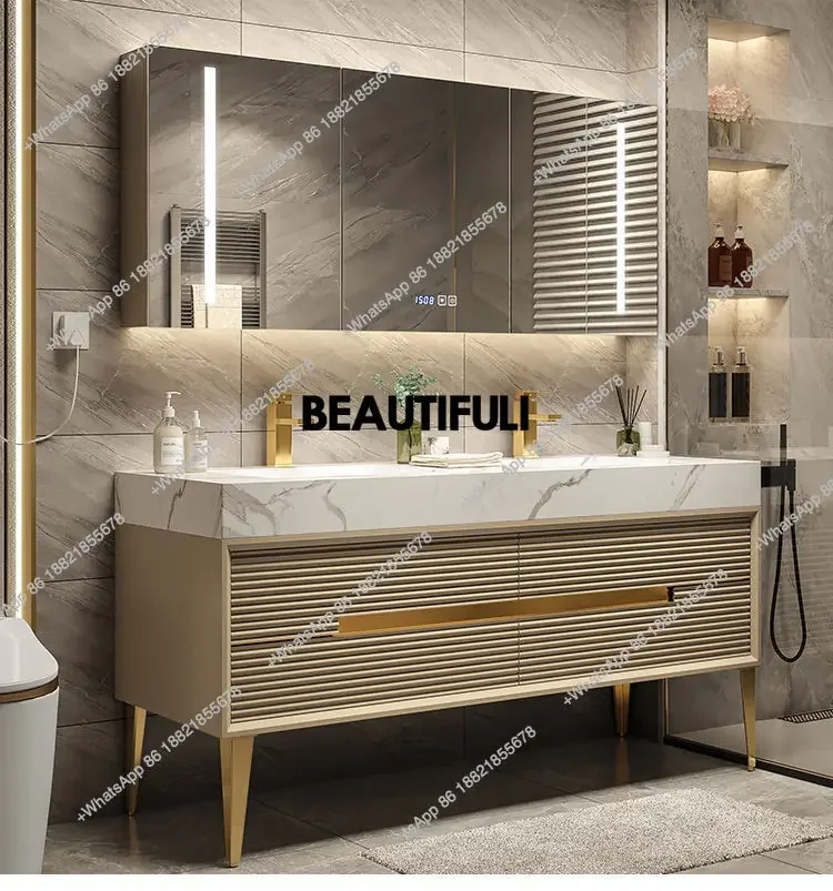 a17 Light Luxury Bathroom Cabinet Rock Plate Washstand Modern Washbasin Toilet Wash Basin Combination Suit Oak Milk Tea Color