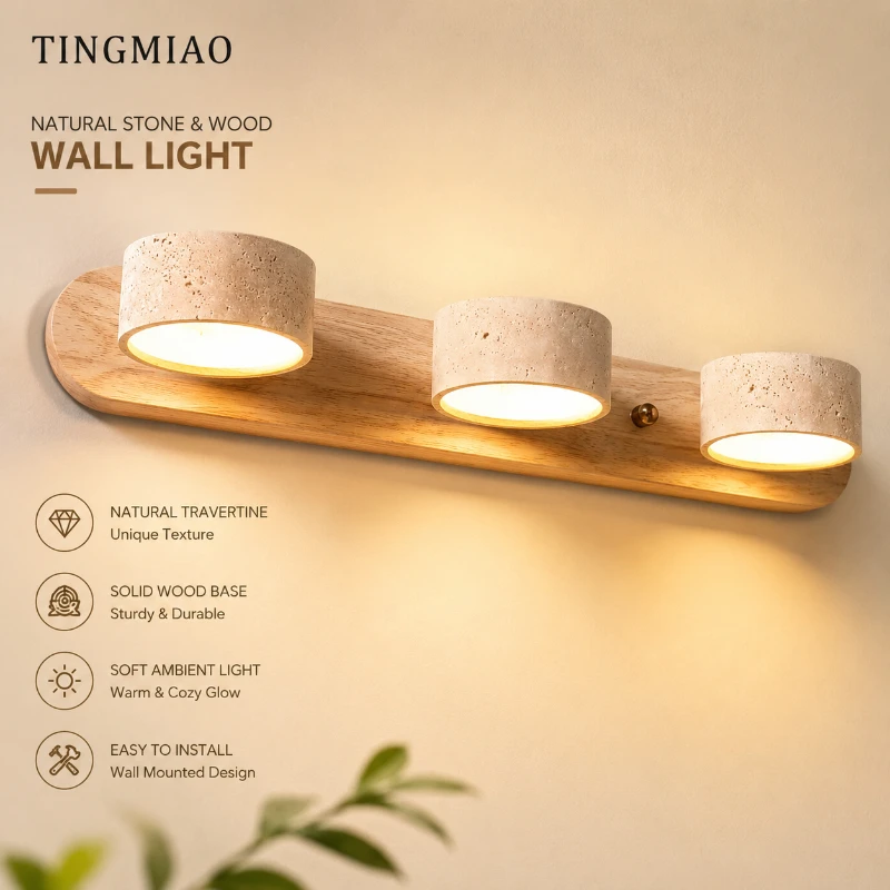 Rotatable Spanish Natural Limestone Round LED Wall Lamp Double‑Sided Creative Vanity Mirror Headboard Bedroom Bathroom Decor