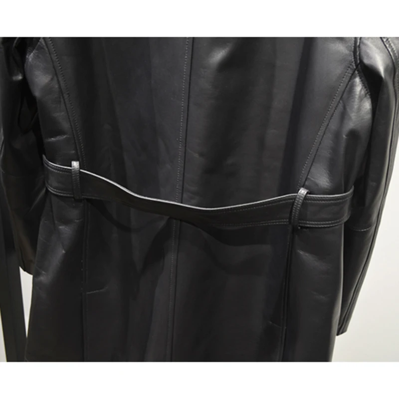 Natural Sheepskin Coat for Women Lapel Zipper Pocekts Black Mid-Length Windbreaker Stylish Casual Long Sleeve Leather Jacket