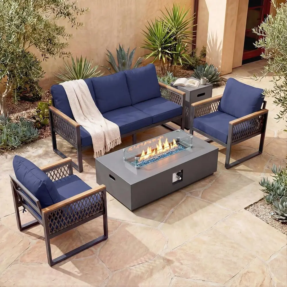 

6-Piece Outdoor Patio Furniture Set with 56 Gas Fire Pit Table and Navy Blue Sectional Sofa
