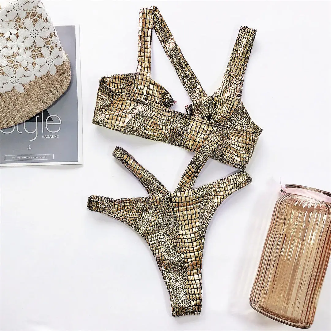 Sexy, asymmetrischer Bikini mit Schlangenmuster, Damen-Badeanzug, zweiteiliges Bikini-Set, Badebekleidung mit Trägern, Badeanzug, Modell V1923. – Detail 20