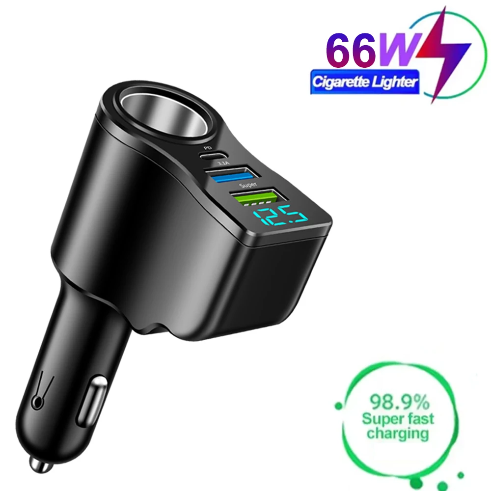 

Автомобильное зарядное устройство 4-в-1 66 Вт, тип C PD 3.1A, сверхбыстрая зарядка через USB, зарядное устройство для телефона с напряжением аккумулятора и 2 адаптерами USB-порта