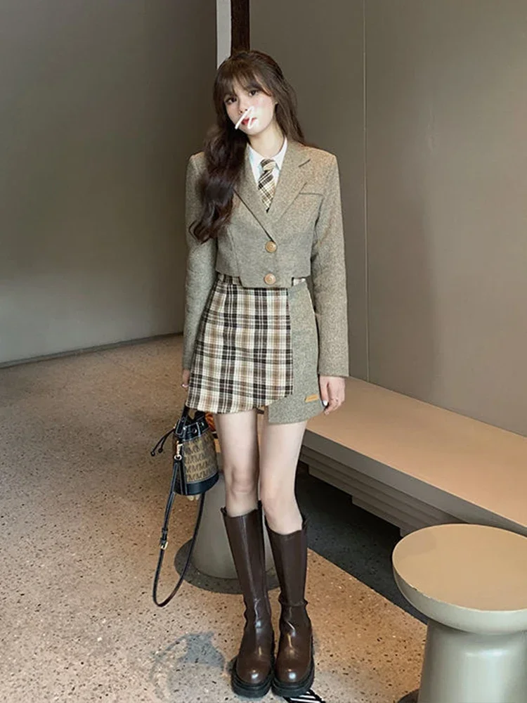 Women Two Piece Set Elegant Plaid Stitching Skirt Suit Patch Short Coffee Blazer + Patchwork Skirt Lovely 2pcs Sets Office Lady