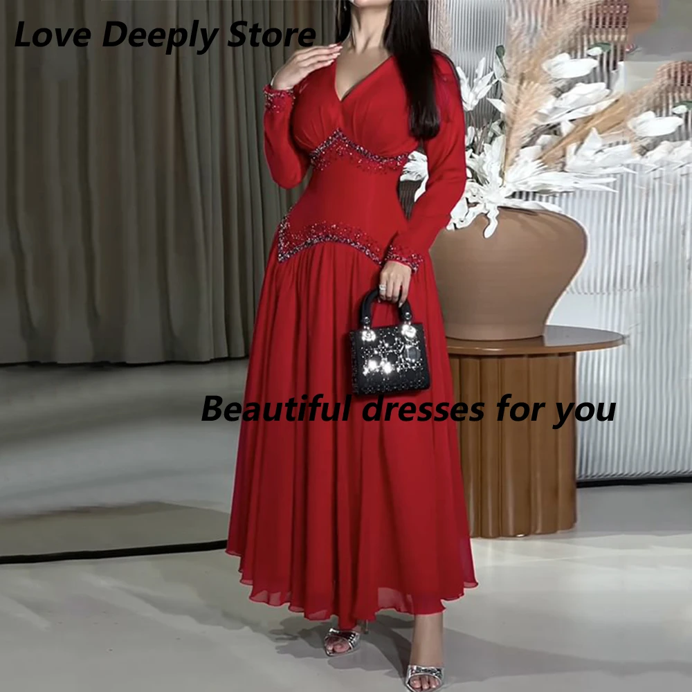 

Red Chiffon Evening Dress Customized V-Neck Long Sleeve Beading Women Fashion Prom Gown A-Line Ankle Length Party Banquet Gowns
