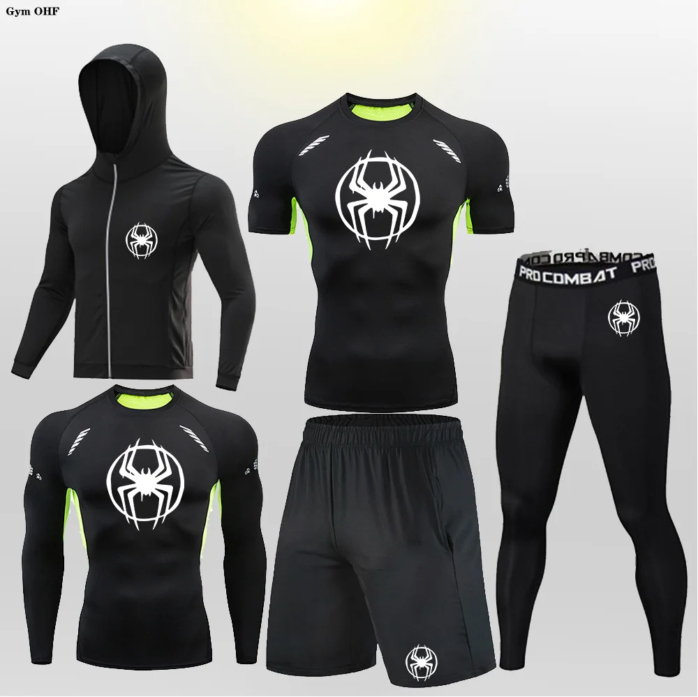 

Men's Compression Sportswear Tights T-Shirt Mens Thermal Underwear Men Running Sets Spider Print Clothing Man Football Jersey