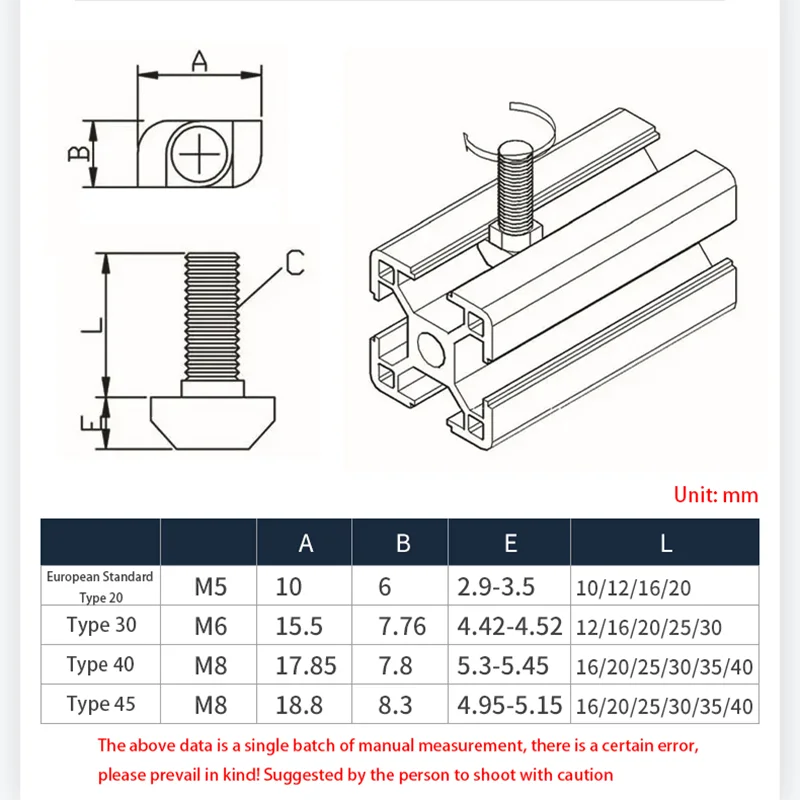 2/5pcs M5 M6 M8 Eu Standard 20 30 40 45 Series T Shaped Hammer Bolt Aluminum profile accessories T Shaped Bolt Nut + Flange Nut
