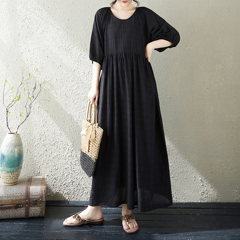 

Summer Artistic Style Loose Lantern Sleeve round Neck Dress Women's plus Size Casual City Walk Cotton Blend Long Dress