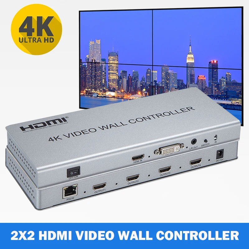 4K 2x2 HDMI Video Wall Controller 1080P TV Wall Processor 1x2 1x3 1x4 4 Screens Stitching Bezel Compensation 180 Degree Rotate